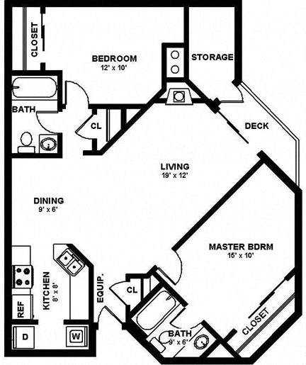 Floor plan for 2 beds, 2 baths, 950 sqft